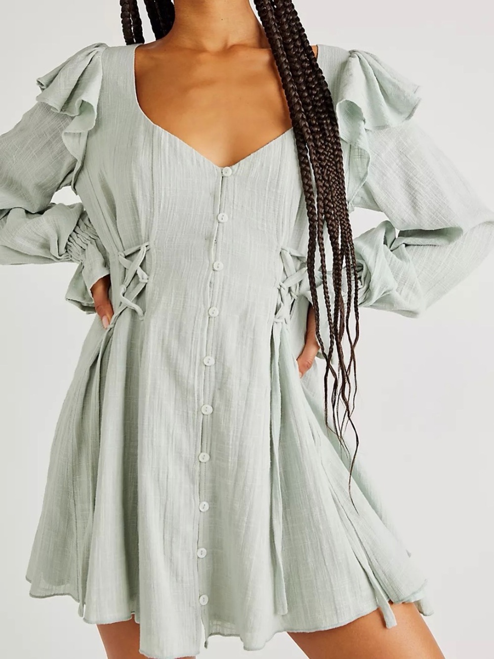 Free People Light Sage Frilly Button-Front Mini Dress